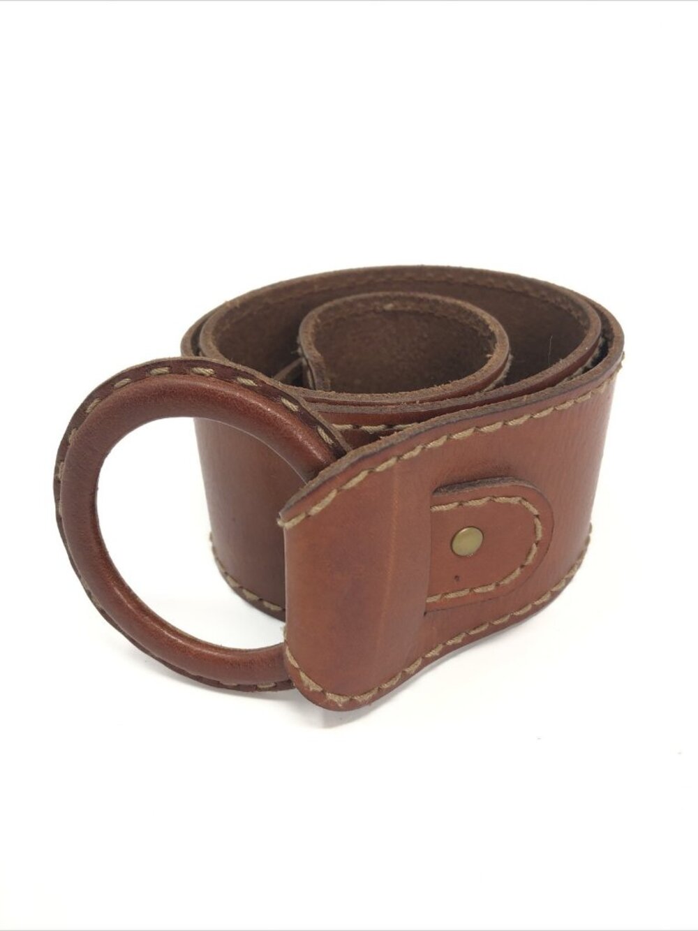 Fossil Belt Womens Medium VTG Brown Leather Wide Covered Circle Buckle Stitching